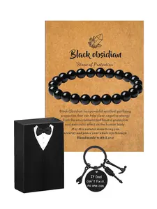 A gift for dad, a tiger's eye beaded bracelet with a stainless steel keychain, Father's Day and birthday gift, suitable for giving to father, grandfather, or uncle