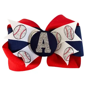 Baseball Glitter Hair Bow with Personalized Initial on Clip or Ponytail Holder, Red Navy Silver to Match Team, Sister