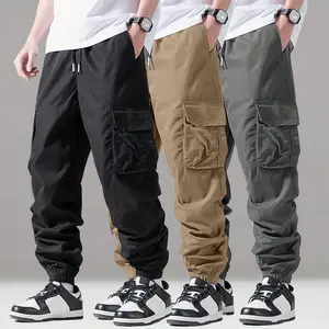 Men's Multi-Pocket Drawstring Work Pants Solid Color Straight-Leg Style High Street Tactical Overalls Comfortable Adjustable Fit for Spring Autumn Outdoor Work