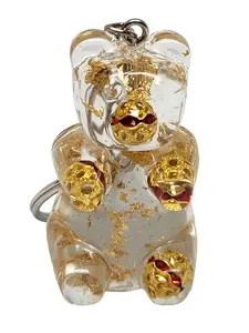 Gold Flake Clear Teddy Bear Keychain - Handmade Sparkle Charm with Shimmering Red and Gold Balls, Eye-Catching Design for Keys, Purses, or Backpacks