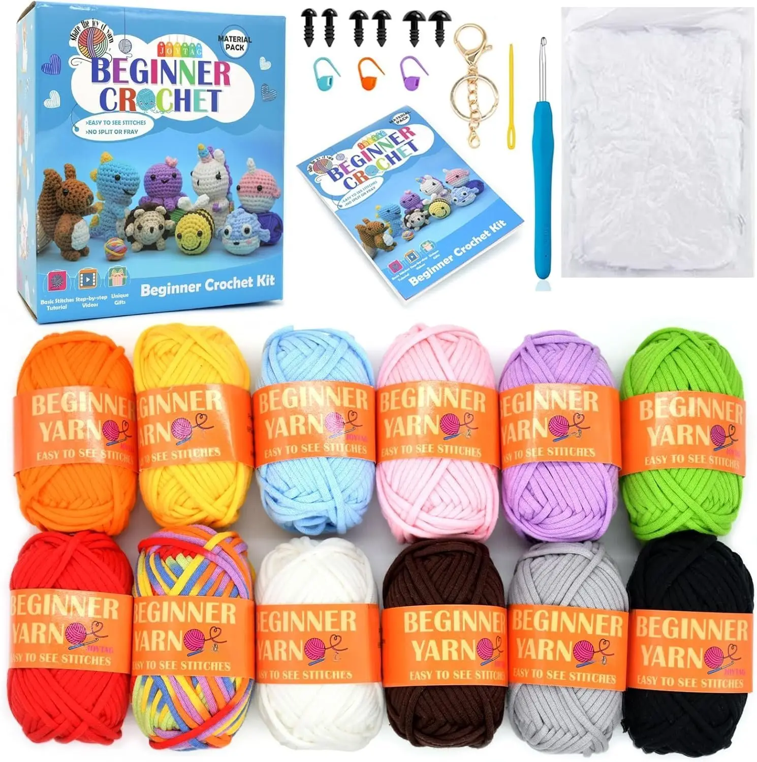 Crochet Kit Beginners Adults ,Beginner Crochet Kit w/ 12 Colors Beginner Crochet Yarn Crochet Accessories Set Step-by-Step Video Tutorials Crochet Starter Kit  Adults-Bright Mix
