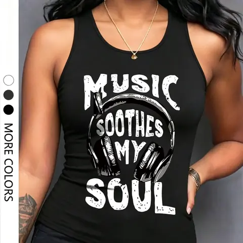 Women's Casual Music Earphone Letter Print Round Neck Sleeveless Fitted Tank Vest, Comfortable Daily Wear, Fashionable Summer Top, Perfect for Spring & Summer, Casual Flattering Sleeveless, Summer Tops Trendy