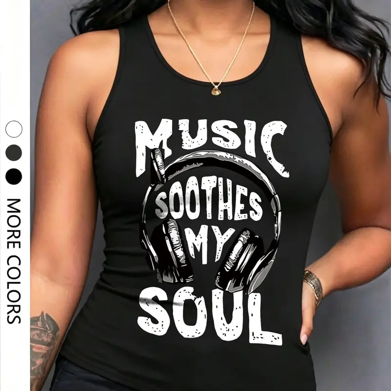 Women's Casual Music Earphone Letter Print Round Neck Sleeveless Fitted Tank Vest, Comfortable Daily Wear, Fashionable Summer Top, Perfect for Spring & Summer, Casual Flattering Sleeveless, Summer Tops Trendy