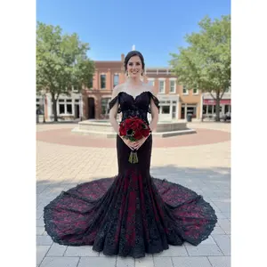 Amber Gothic Black and Dark Red Wedding Dress with or without the Cape , Gothic Dark Red Mermaid  Trumpet Wedding Dress, See Through Black Red Gown