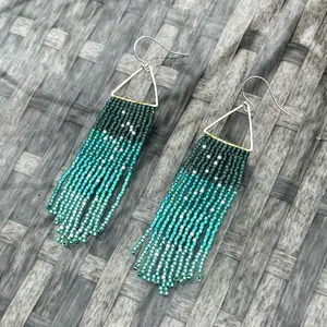 Blue Hues Beaded Earrings with Turquoise and Black Design, Long Tassel Detail, Pendant and Hoop Attachment exquisite earring