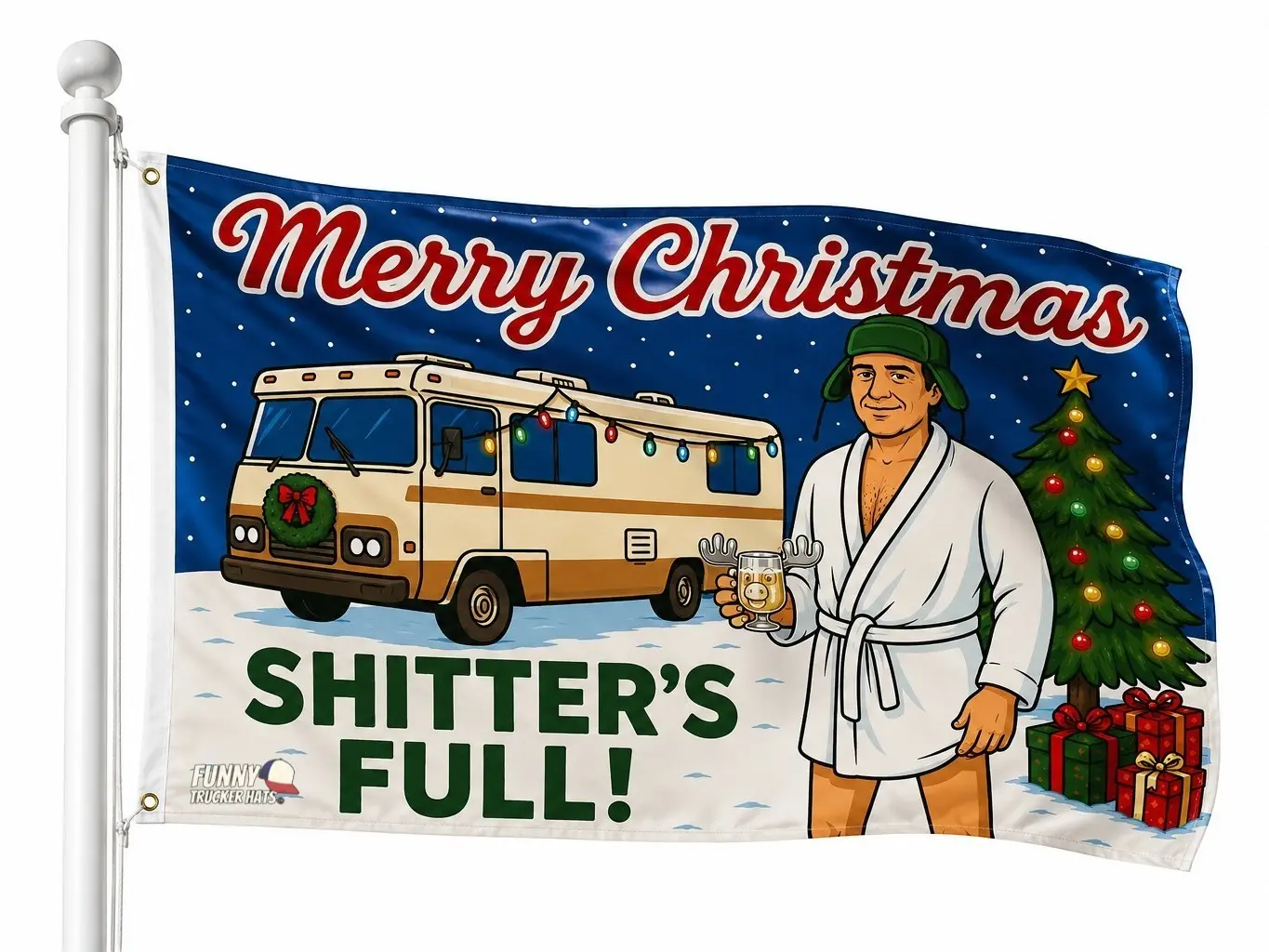 Funny Christmas Flag | “Merry Christmas Shitter’s Full” | Holiday Movie Quote Banner | Xmas Garage or Party Decor (3x5 Ft) favor