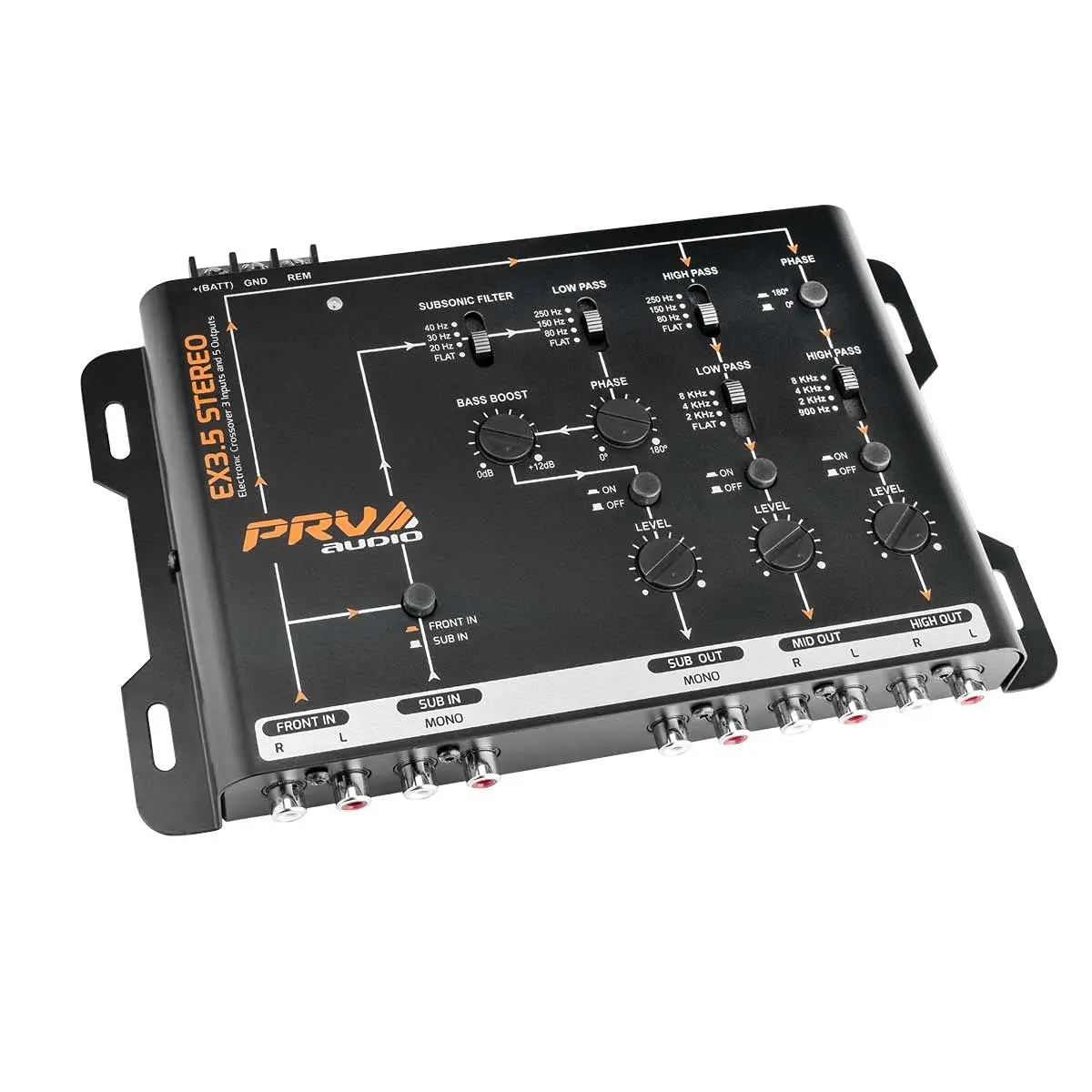 Crossover Car Audio EX3.5 Stereo 3 Way or 2 Way Electronic Crossover 9 Volts, 4 in 6 Out RCA Channels Car Sound Processor