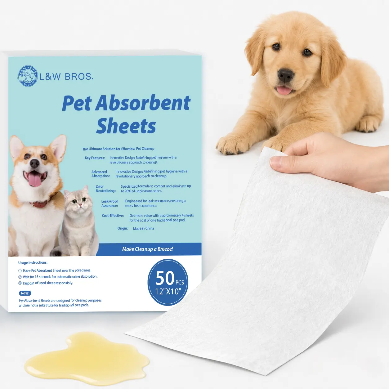 L&W BROS. Pet Absorbent Sheets, Not Traditional Pee Pads, Quick Absorbent Paper Towels for Dog Pee Stain & Odor Remover