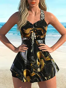 Black Gold Marble Print Swimsuit Set with Polka Dot Cross Straps, Open Back, Ruched Adjustable Drawstring on the Bust, Women's Ruffle Hem Skirt Set