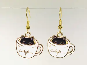 Black cat in White Coffee cup Cats Earrings