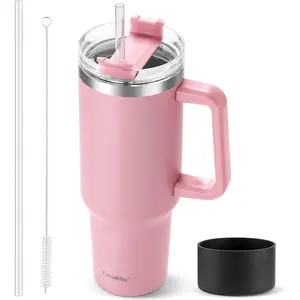 40 Oz Tumbler with Handle and Straw, Pink Insulated Travel Mug Iced Coffee Cup, Reusable Stainless Steel Insulated Water Bottle, Keeps Drinks Cold for 34 Hours, Gift for Mom TaroKitc