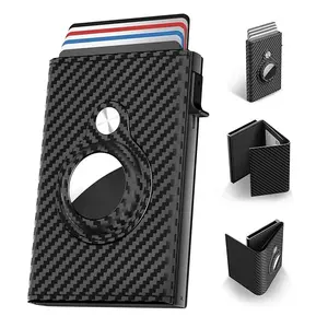 Wallet for Men, Minimalist Credit Card Holder for Apple Air Tag, RFID Blocking, Pop up Card Case, Premium Genuine Leather Carbon Fiber, Smart, Slim, 9-14 Card Capacity | ID Window | Cash Slot