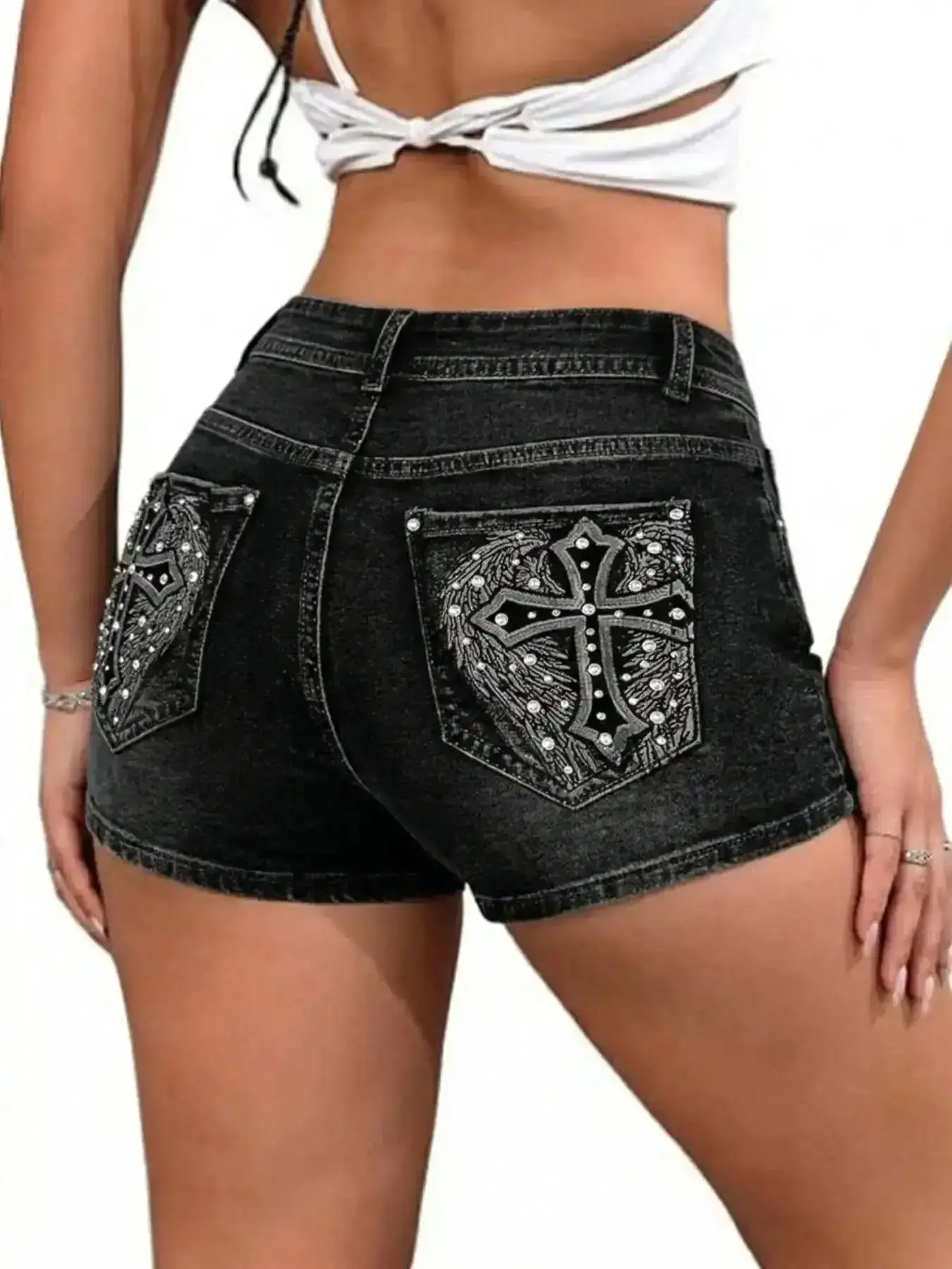 Sophisticated Y2K Gothic Girl Retro High-Waisted Denim Jeans Shorts Loungewear Style, Rhinestone Cross Wing Embroidery, Stretch Fit, Perfect for Concerts, Streetwear and Casual Wear, Comfort Fit, Contemporary