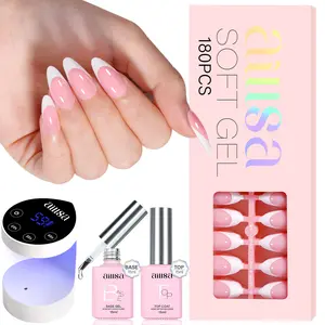 Aillsa 180pcs Sheer Pink Almond French Tip Press-ons in 15 sizes, 4 Timers Setting UV Light with Auto Sensor,Base and Top coat, Easy to Wear Press-on Nail Set Nail Extensions DIY Nail Art Nailcare Manicure Comfort Cutics