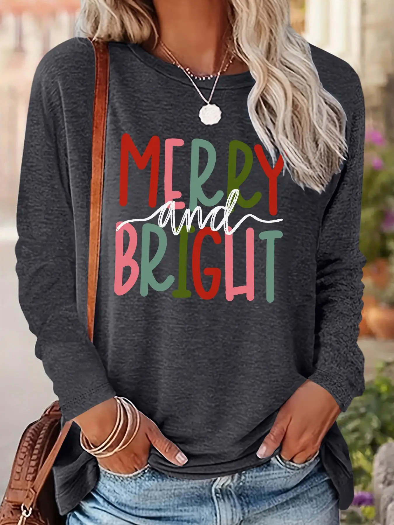 Women's Christmas Letter Print Drop Shoulder T-shirt, Casual Long Sleeve Round Neck Tee for Fall & Winter, Ladies Clothes for Daily Wear