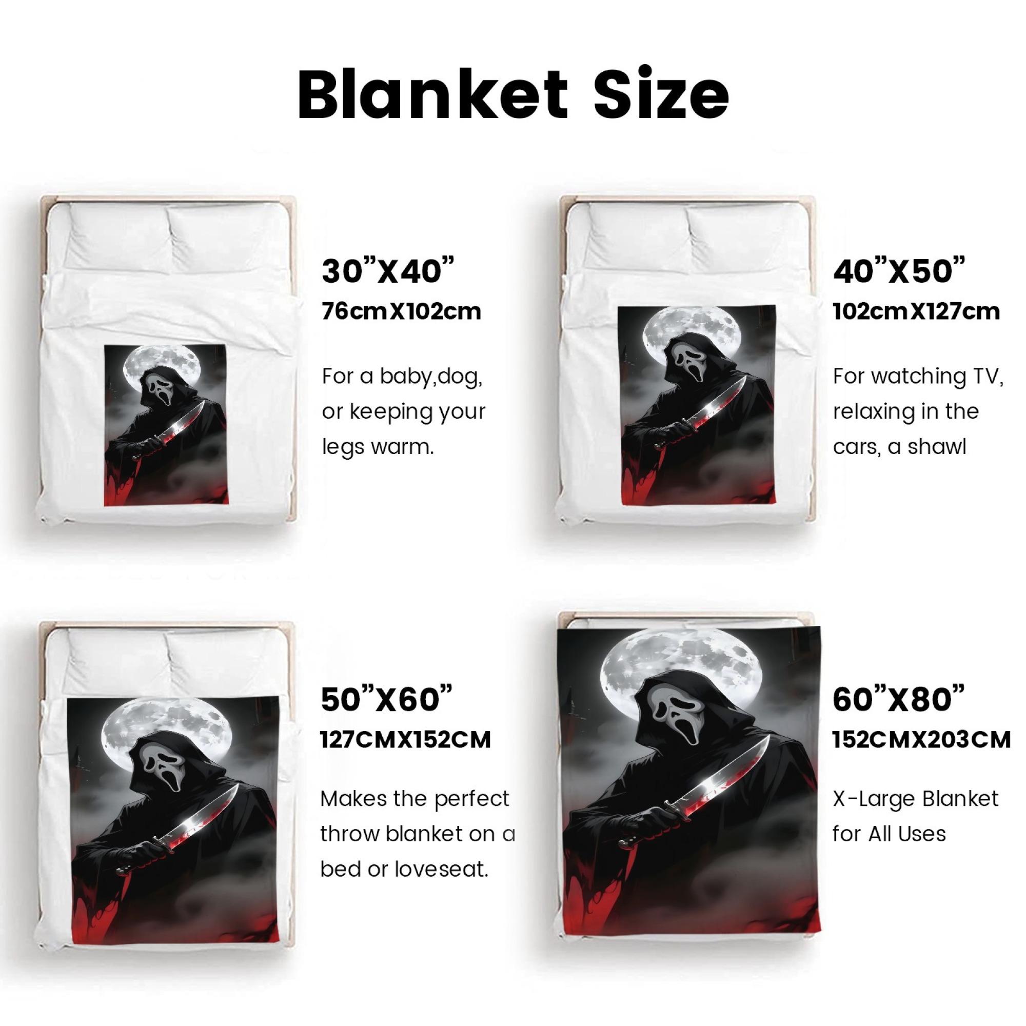 Scream Horror Soft Fleece Throw Blanket - Ghost Face Killer Mask, Knife & Moon Design, Black Red Scary Movie Theme, Cotton Fabric, Soft Texture, Bed/Sofa Decor, Halloween Gift for Horror Fans