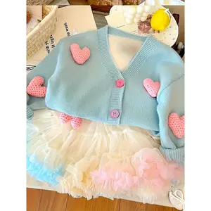 Girls' Autumn Cardigan Sweater New Style Baby Girl Heart Pattern Knitted Sweater Coat Stylish Children's Top