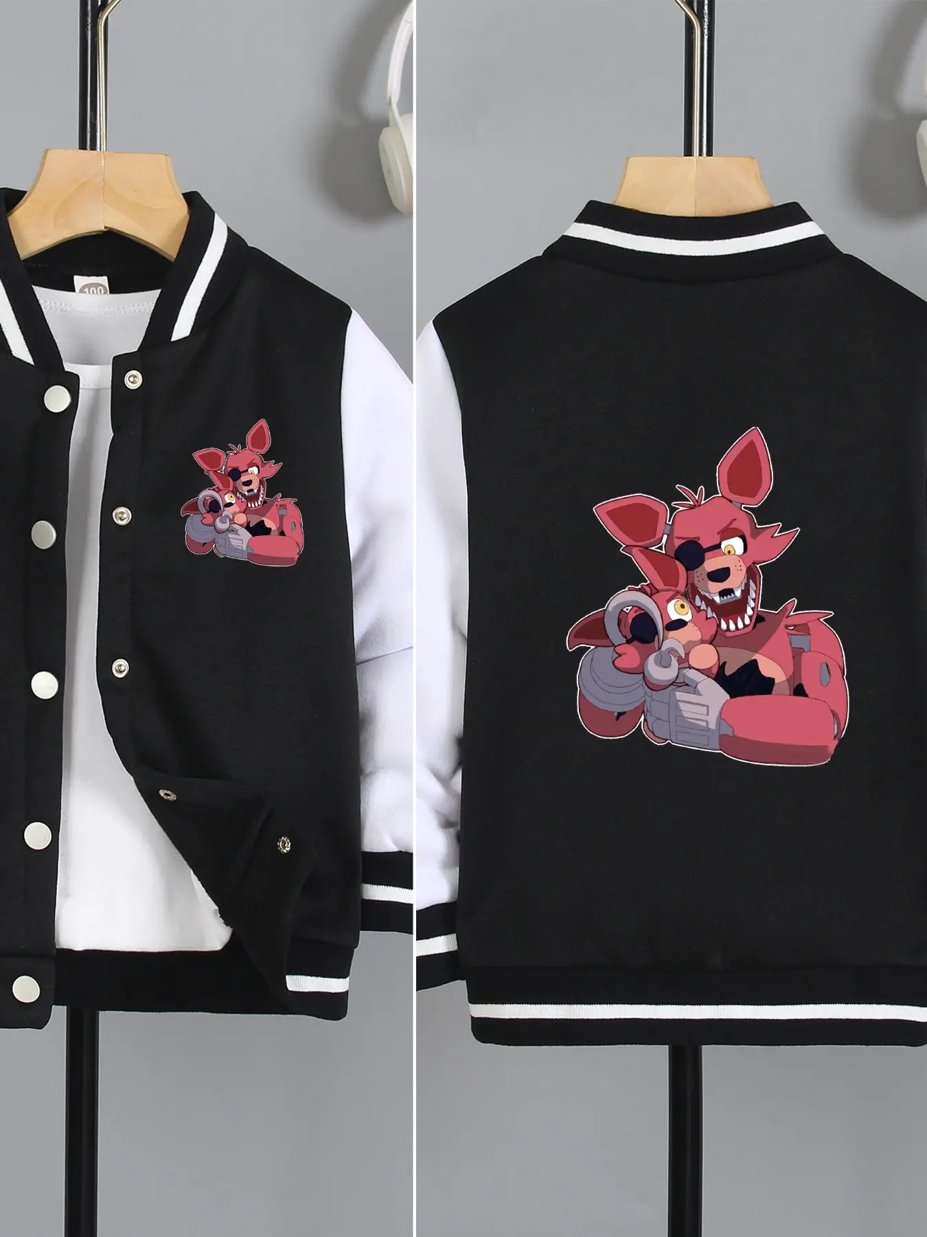 Five Nights At Freddy's Foxy - Floral Print Boys' And Girls' Spring/Autumn Trendy Baseball Jacket Cardigan, Casual Comfy Jacket, Stylish, Casual, Comfortable, Suitable For Daily Use And Versatile For Outdoor Activities, Ideal Gift Choice