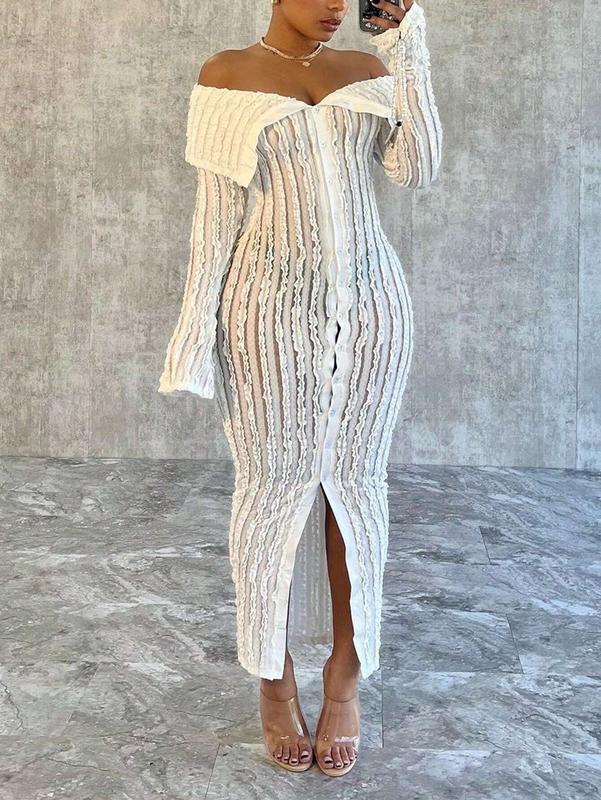 Women'S Off-Shoulder Long Sleeve Knitted Dress SHEIN