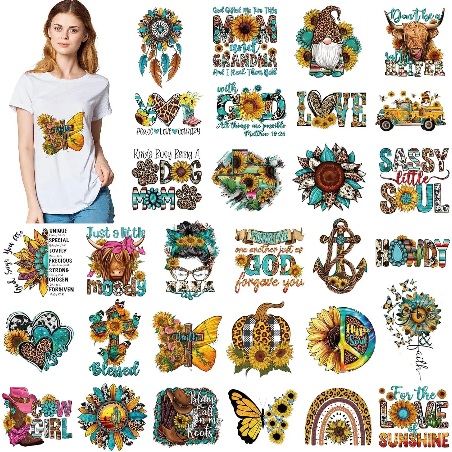 30 count Western Iron on Transfers Patches Decals Western Appliques Cowboy Iron on Decals for T Shirts Sunflower Iron on Heat Sticker for Clothes Bag Pillow Covers DIY Decorations