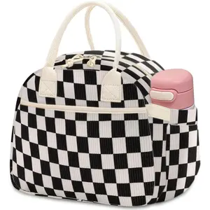Lunch Box for Women, Insulated Lunch Bag Cute Corduroy Lunchbag  Lunchbox for Work (checkered black white)