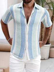 Men's Summer Knitted Striped Short Sleeve Loose Comfortable Casual T-Shirt, Perfect for Leisure, Outdoor, Work, Daily Wear, Dates, Casual Party Shirt, Knit Shirts, Casual Comfy Shirt