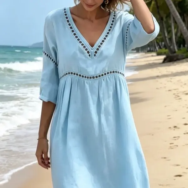 Women's Summer V Neck Casual Solid A-Line Midi Dress with Pockets
