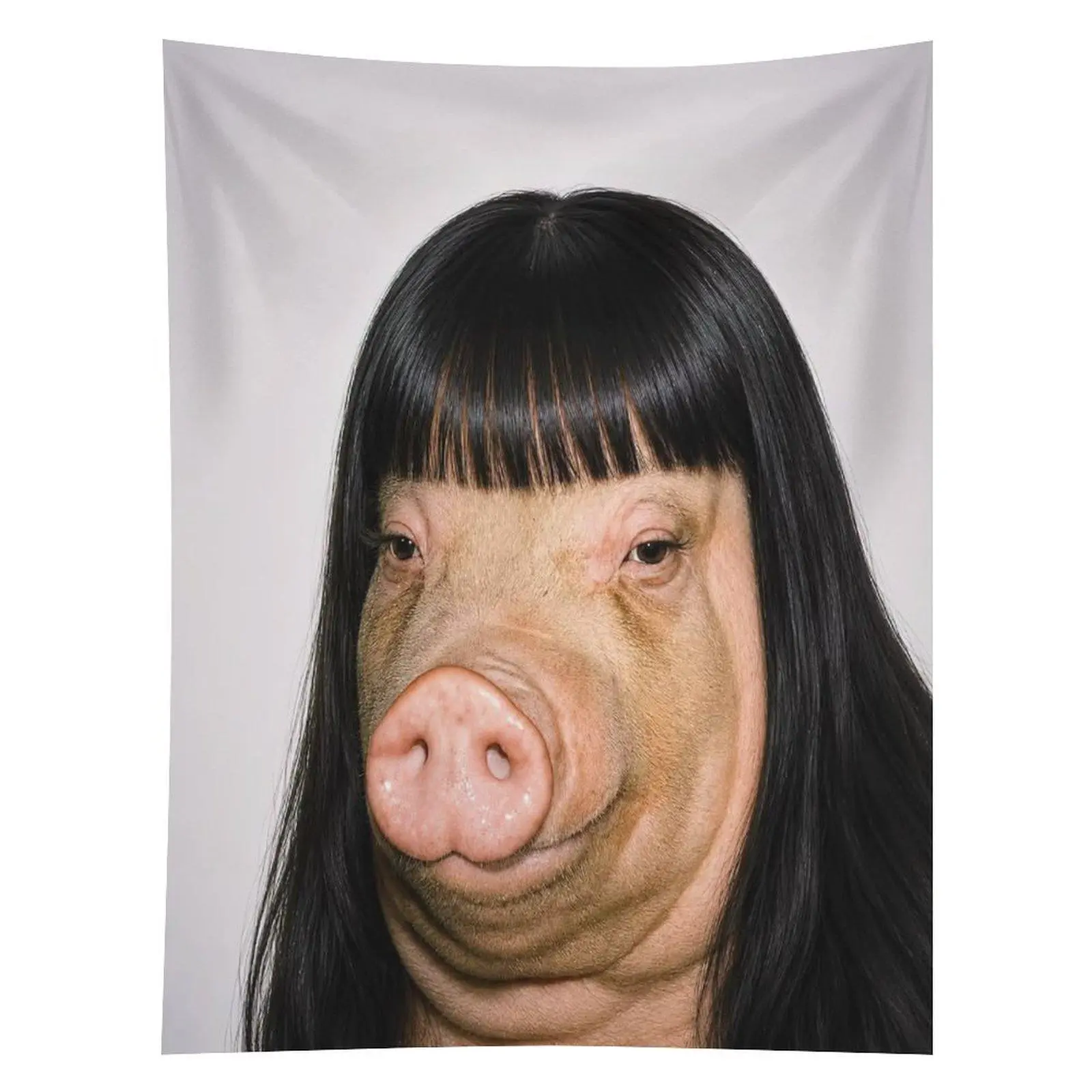 Funny Pig Black Hair Tapestry Meme Animal Portrait Wall Hanging Decor