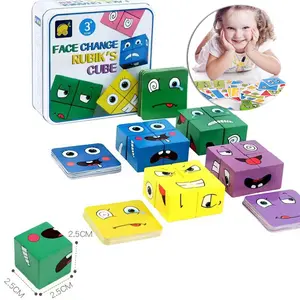 Face Changing Magic Cube Game, Wooden Puzzle Blocks for Family Night Puzzle Games - Snap & Swap Emotions Toy for Kids and Adults  | Montessori Learning Toy | Non-Toxic Sensory Play Kit