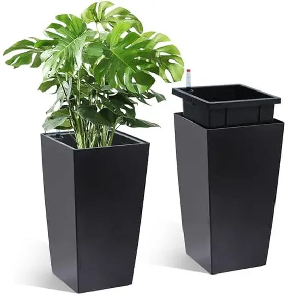 GARVEE 16 in Tall Planters Set of 2, Outdoor＆Indoor Black Planter Pots, High Front Porch Planter Pots with Drainage Holes＆Water Level Monitor＆Inner Bucket, Automatic Watering,Black