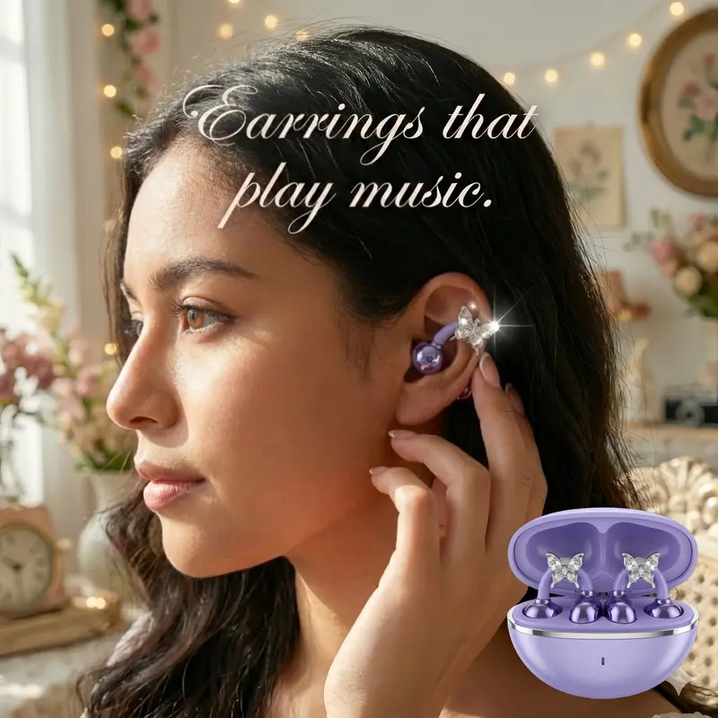 Sparkly Butterfly Ear Cuffs Earbuds - Wireless Bluetooth Open Ear Clip-on Headphones - Coquette Y2K Jewelry Gift