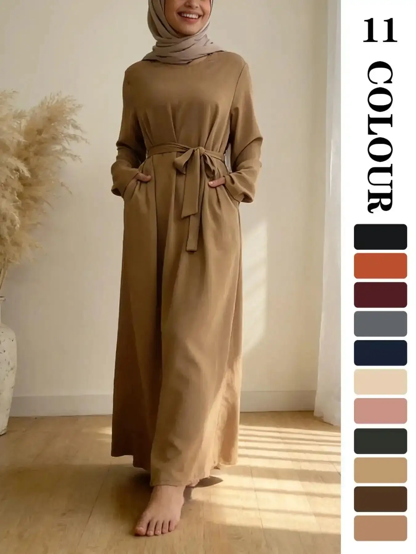 Modern Muslim Sleepwear Dress, Pure Color Nida Fabric Long Skirt [with Pockets] [Waist Belt Included] [11 Colors] [5 Sizes] Elegant Classy Modest Dresses Sleeve Ramadan Clothing [not included Hijab] Style