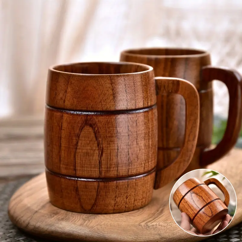 Solid Wood Barrel Mug, With Ergonomic Handle Heat Insulated Wooden Coffee Beer Mug, Large Capacity Food Safe Multipurpose Drinking Cup, Ideal Gift for Party Gathering Home Bar, Drinkware