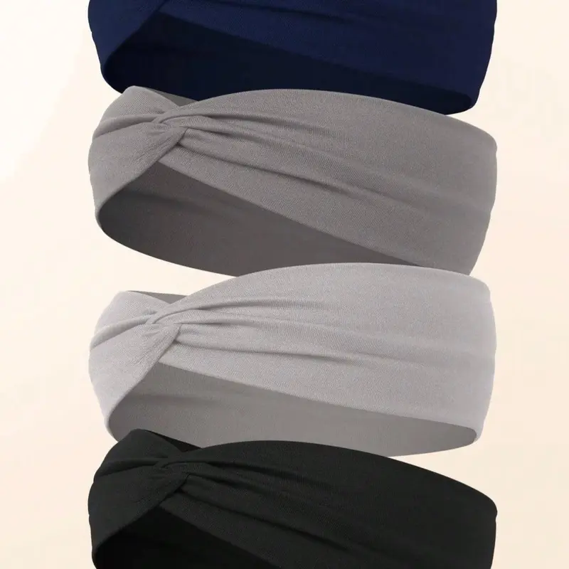 Set of 4 Boho Yoga Sweatbands, Elastic Cotton Headbands for Women, Wide Knot Cross Design, All Season Sports Hair Accessories, Workout Headbands