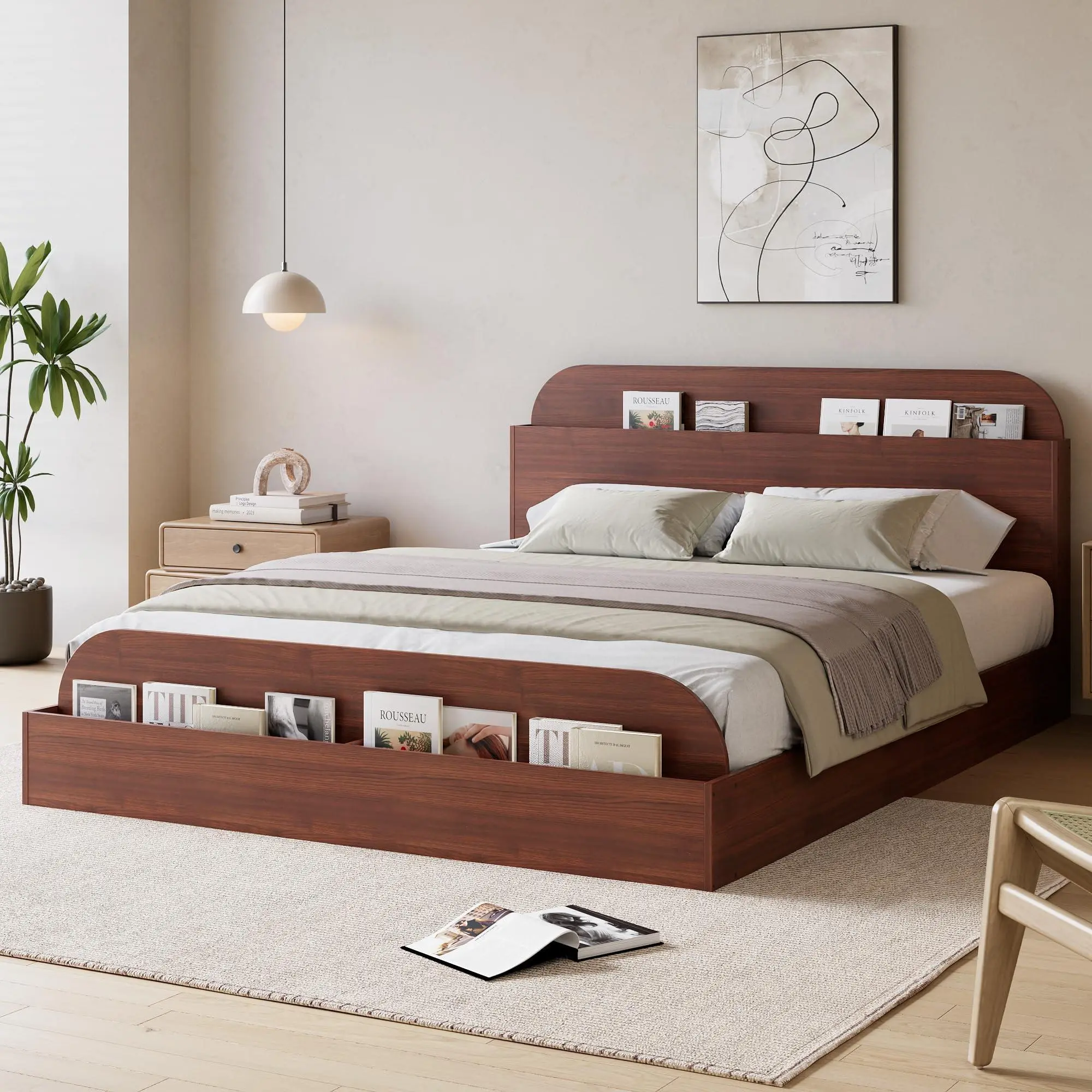 Queen Bed Frame - Red Peach Wood Low Floor Indoor Furniture with Storage Compartments Headboard, Raised Footboard, Heavy-Duty Metal Build, Silent, No Box Spring Needed, Sturdy Bedroom Bed Frame, With Compartments