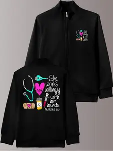 Women's Casual Stand Collar Zip Front Jacket Coat, Spring & Fall Fashion Essential, Nurse Theme Print, Fitted Moderate Fabric, Stylish Outerwear, Letter Print Jacket