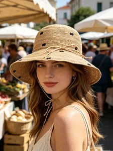 Women's Raffia Bucket Hat with Polka Dot Embroidery, UV Protection Summer Sunhat, Beach Vacation Straw Hat, Casual Loose-Fit Style