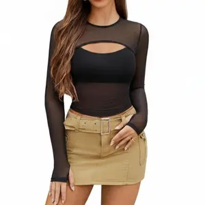 Avidlove Women's Sheer Mesh Long Sleeve Crop Top y2k Sexy Tee Blouse Cutout Clubwear with Thumb Holes Comfortable Fabric See-through Mesh Tummy Pleats