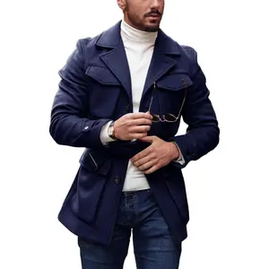PASLTER Mens Trench Coat Slim Fit Wool Blends Business Lapel Belted Overcoat Winter Casual Peacoat Jacket Menswear Tops
