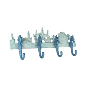 Enchanting Blue and White Cast Iron Seahorse Nautical Sea Life Decorative Wall Hook, Towel Hanger or Coat Rack - Perfect Beach Home and Coastal Accent