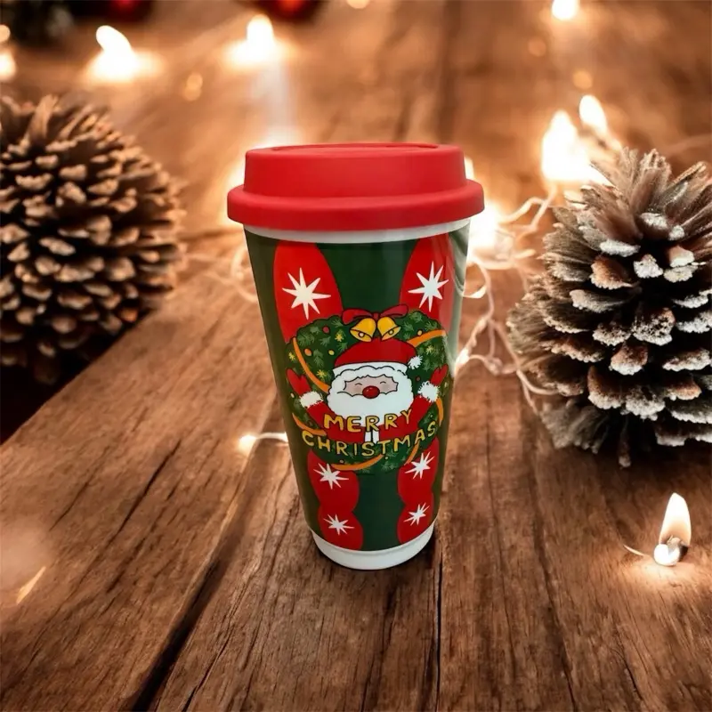 Reusable Christmas Travel Coffee Cup w/ Lid – Santa Design – Holiday Mug