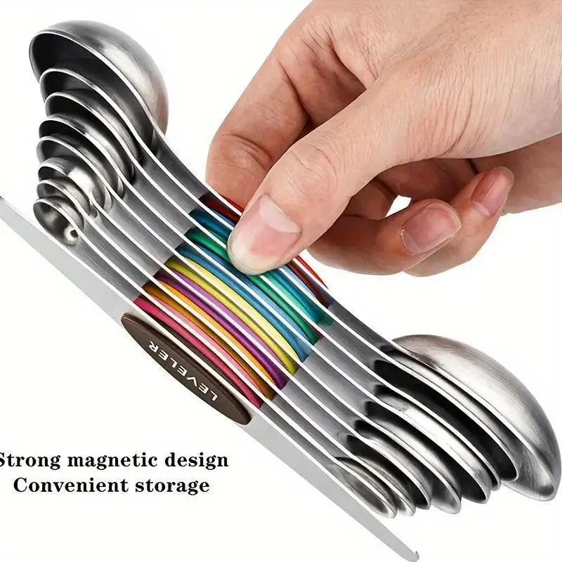 8/9pcs Magnetic Double Sided Measuring Spoons Set, Stainless Steel Spoons for Dry & Liquid Ingredients, Spice Measuring Tools