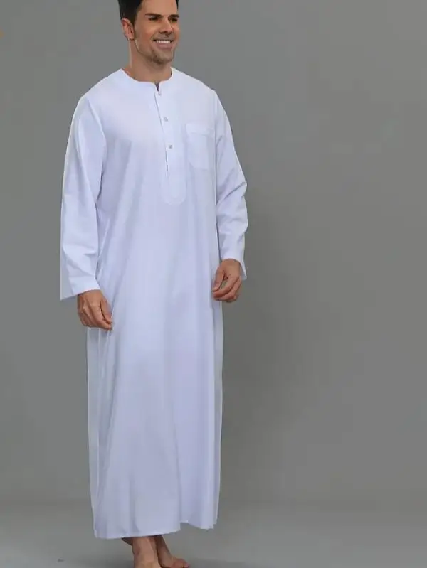 Al Harameen 2025 Soft Non-Pilling Premium Arabic Men's Thobe Moroccan Style Long Sleeve Round Neck Prayer Robe Elegant Islamic Attire for Ramadan & Fo