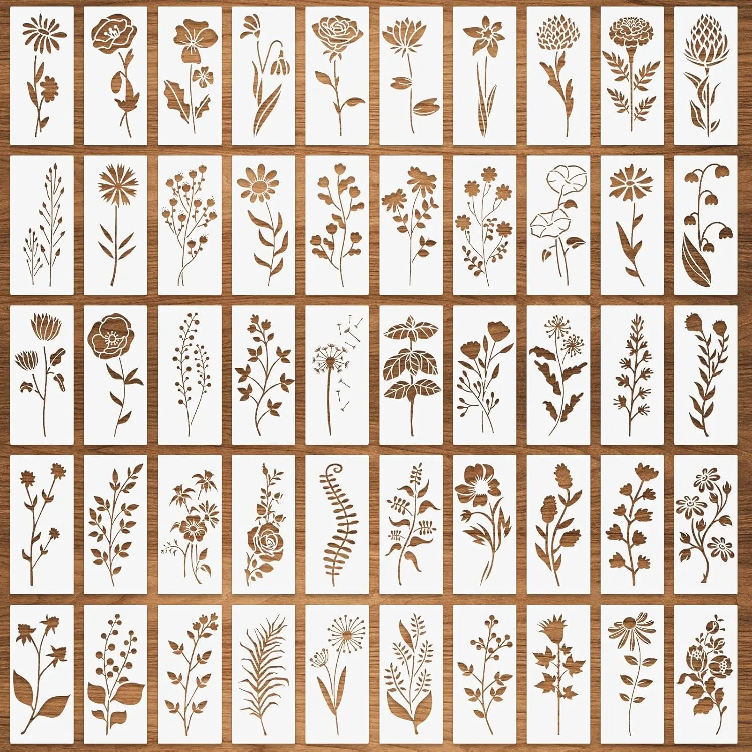 50 count Wildflower Stencils, Small Flower Leaf Stencils for Painting on , Daisy Rose Dandelion Tropical Leaf Botanical Templates,   Template for DIY Fabric Paper Card Drawing - 3" x 6"