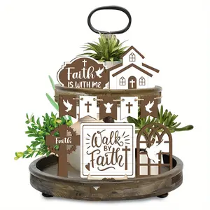 Country Angel Dove Wooden Sign Decor Set, Rustic Farmhouse Design, Wooden Cross Decorations, Desktop Layered Tray Craft, Easter Theme Kitchen Table Frame Decoration, Perfect Gift