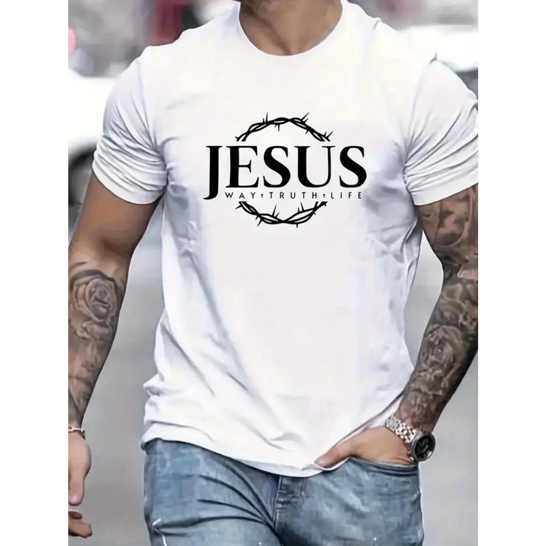 Men's Fitted Christian Style Tshirt - Soft 100% Cotton Shortsleeve Tee, Casual Round Neck, Lightweight, All Seasons, Made in USA, Soft Cotton, Direct-Fiber Digital Printing, Graphic