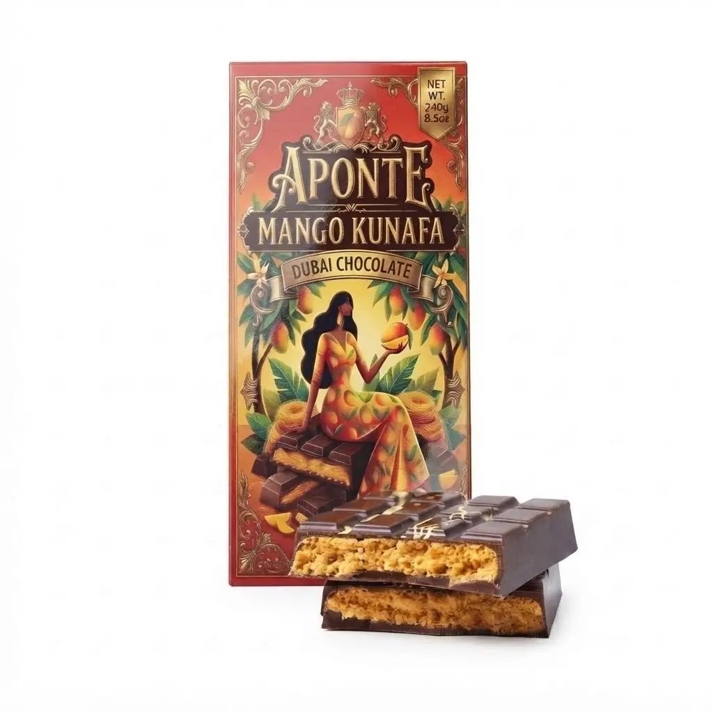 APONTE Mango Kunafa Dubai Chocolate Bar - Premium Middle Eastern Dessert Chocolate with Real Mango Cream & Crispy Kataifi Pastry - Luxury Gourmet Gift Box 8.5oz (240g)