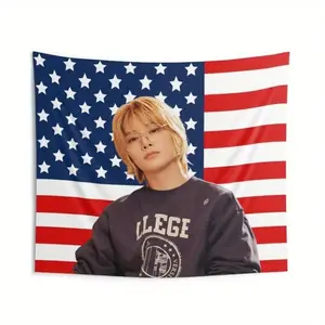 Stray s In Your Hero American Flag Tapestry SKZ-Inspired Design with Mountains & Stars Soft Peach Skin Velvet Polyester Wall
