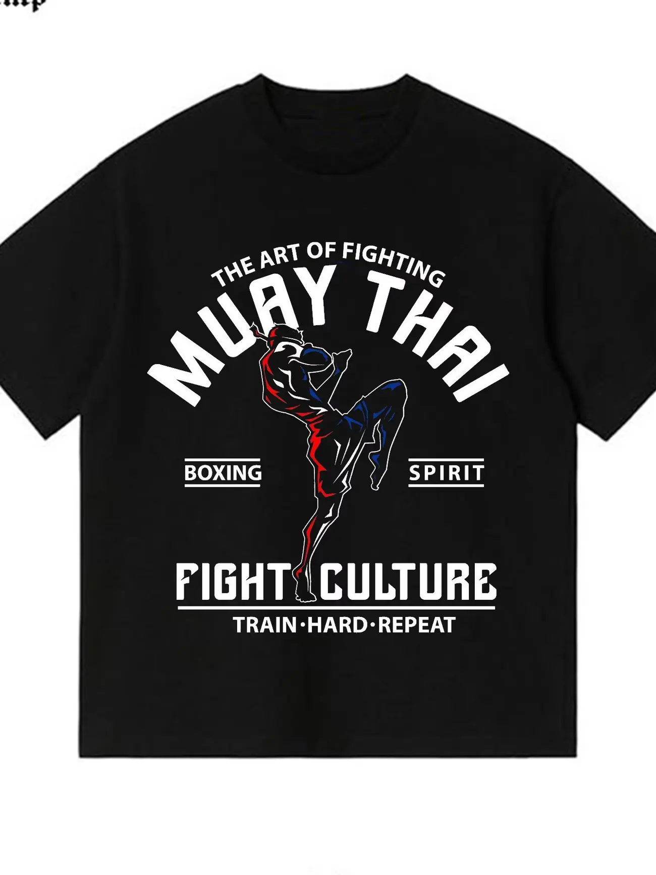 Blend Regular Fit Crew Neck T-Shirt with Muay Thai Kickboxing Fighter Silhouette and Inspirational Fighting Culture Slogan Text Front-Print, Short-Sleeve Tee for Martial Arts Sports