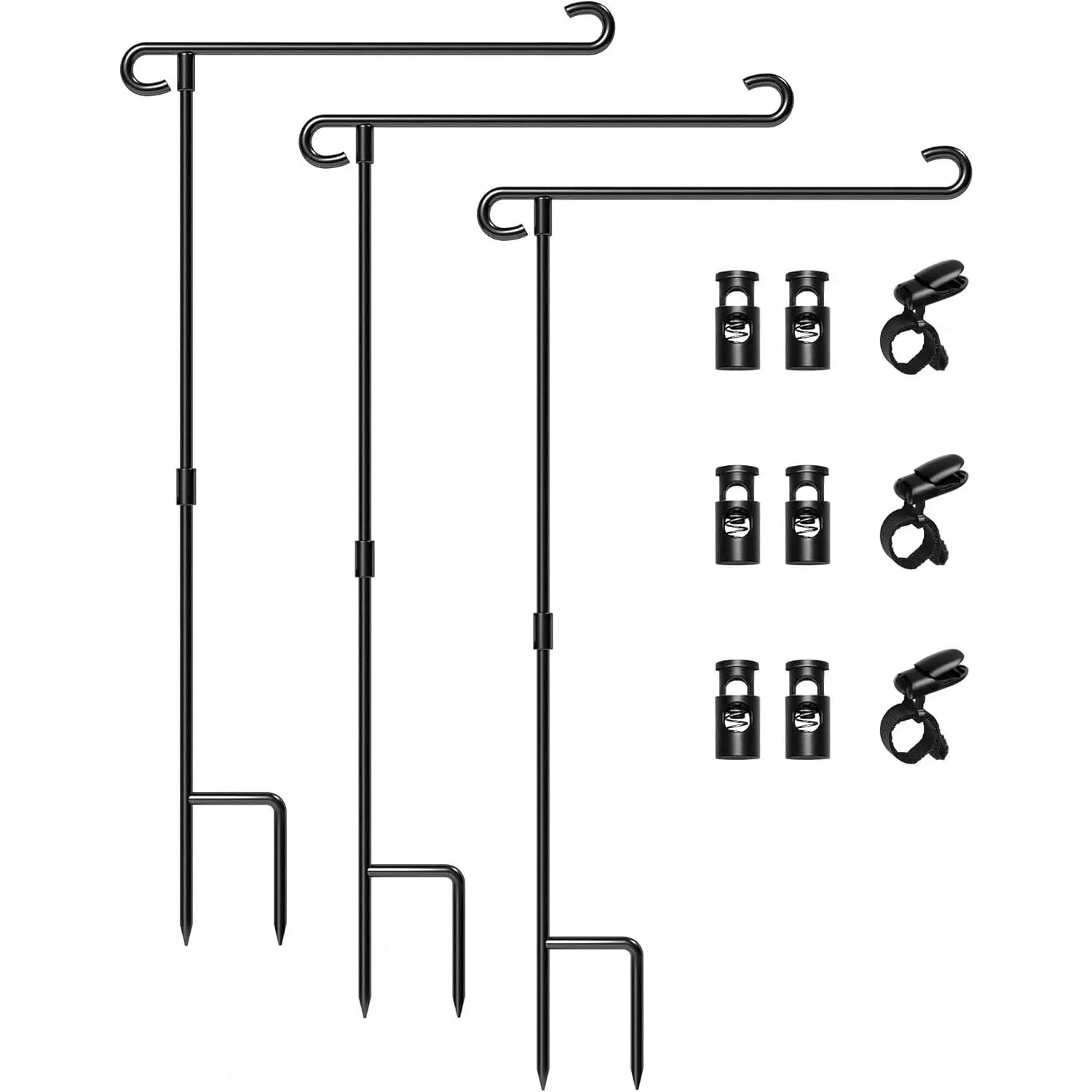 Garden Flag Stand Holder Pole Easy To Install  Sturdy Wrought Iron Fits 12.5" x 18" Mini Flag with 1 Tiger Clip Curved Hook With S Type (3 Pack)